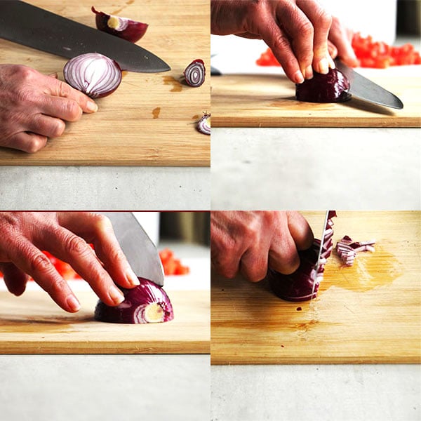 4 pictures of cutting a red onion