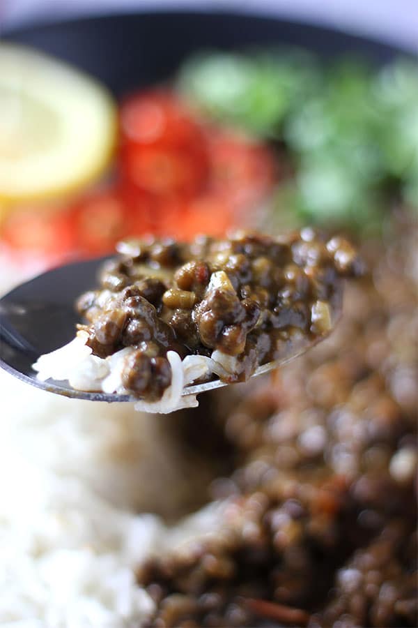 spoonful of black lentil dahl - Dal Makhani with white rice held over bowl.