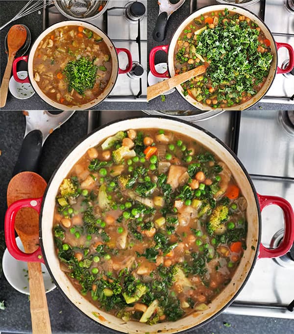 3 pictures of finishing the stew by adding fresh basil and chives, then adding kale and peas and finally mix and finished stew in red pot.
