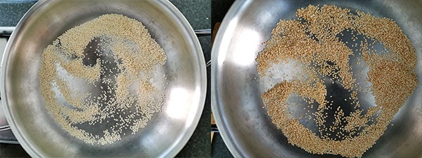2 pans with toasted sesame seeds showing them getting toasted and brown.