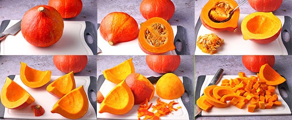 6 pictures showing how to cut a pumpkin for cooking.