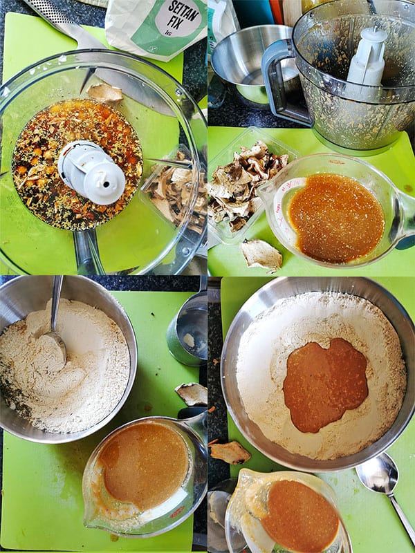 4 pictures demonstrate how to mix the seitan roast by making the liquid ingredients in the food processor, mixing the dry ingredients and combining in mixing bowl.