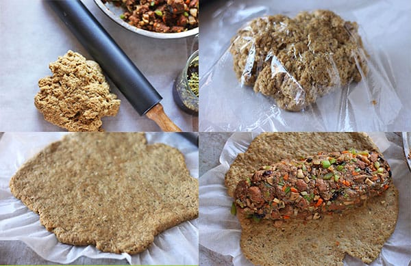 4 pictures demonstrating the process of making stuffed seitan roast by rolling the dough and adding stuffing before rolling.