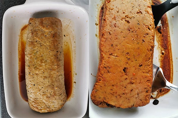 2 pictures of stuffed seitan roast in baking dish and being turned using 2 spatulas.