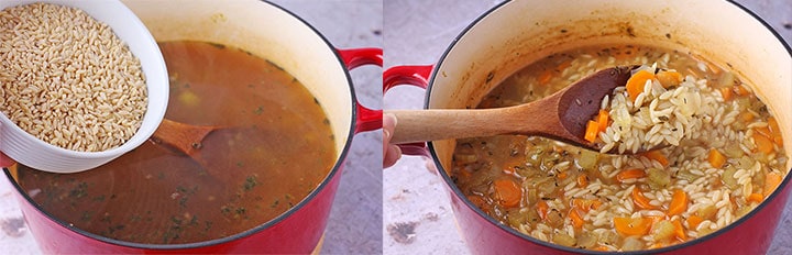 2 pictures of adding orzo pasta and cooking orzo pasta in red soup pot.