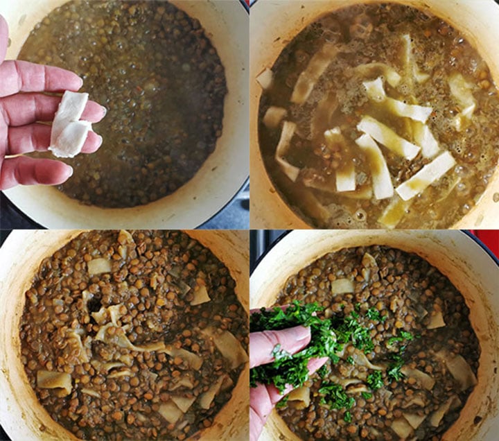 4 pictures demonstrating the cooking process for simmering lentils, adding homemade vegan pasta and topping with chopped cilantro.