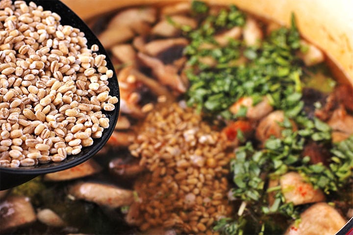 Pearl barley is added to mushrooms, broccoli, onions, leeks, vegetable broth and fresh tarragon.