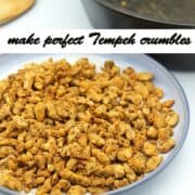 Perfect tempeh crumbles in blue bowl with black pan in background