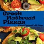 Greek flatbread pizza with toppings on blue plate with Pinterest label with title.