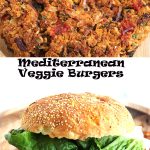 Mediterranean veggie burger with bun on wooden plate veggie burger patty also on wooden plate with recipe label in middle of picture.