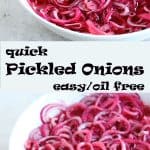 2 bowls of quick pickled onions in white bowls with recipe label in the middle of the picture.