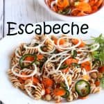 Spicy Mexican Escabeche with pasta and chickpeas in white bowl