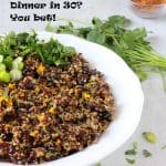 orange quinoa and black bean pilaf in white bowl with recipe title in black text