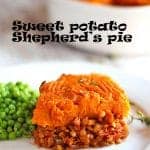 sweet potato Shepherd's pie on white plate with recipe title in background
