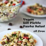vegan dill pickle pasta salad with tofu bacon, tomatoes, dill pickle ranch dressing on white plate with bowl and plate in background and recipe title in black text.