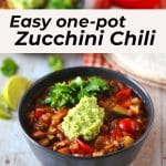 black bowl of zucchini chili with mashed avocado and chopped cilantro with text overlay with recipe title.