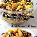 orange-sesame 3 bean salad on white plate with glass bowl of salad on top of picture and recipe title in black text on picture.
