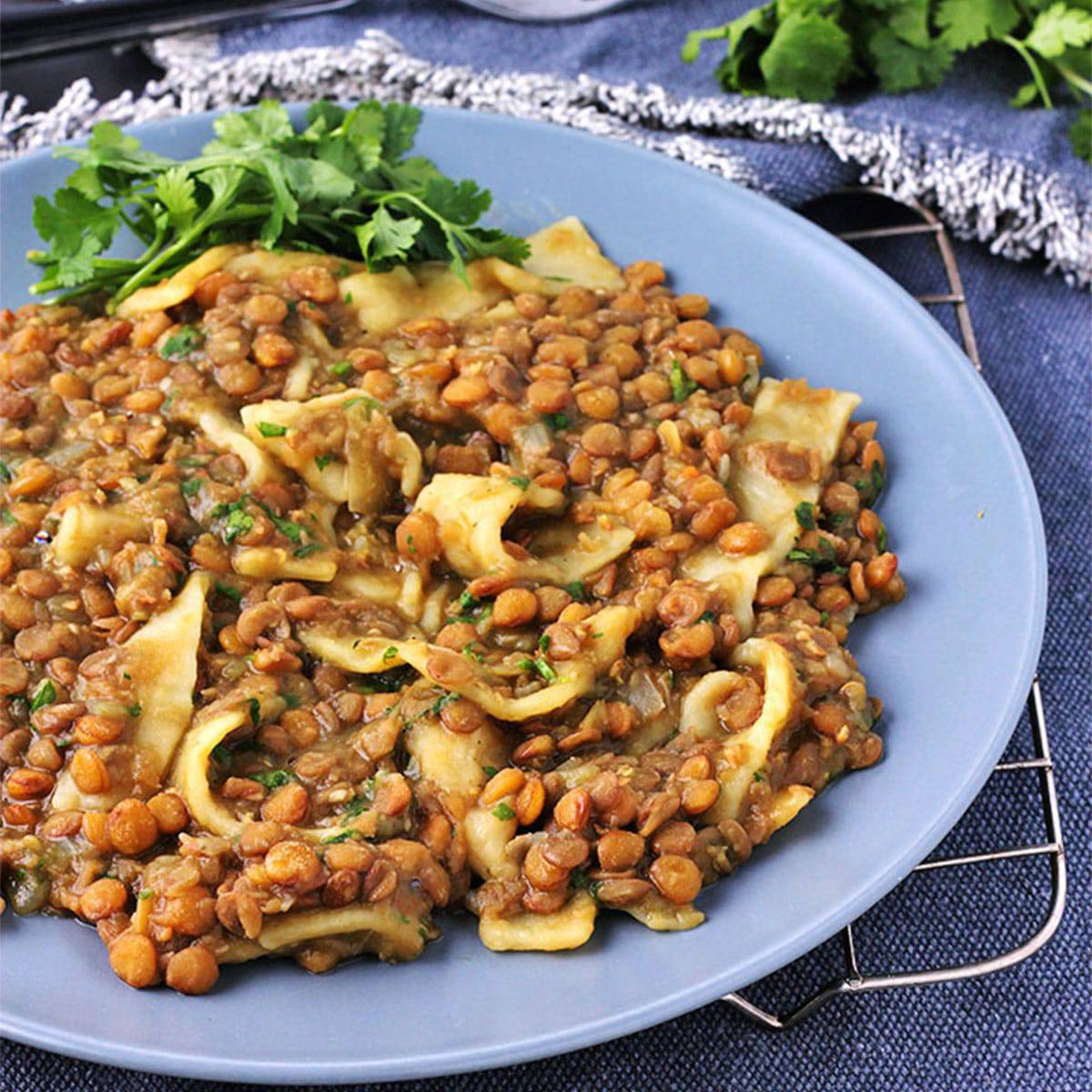 Green lentils simmered with onions and garlic with homemade vegan pasta and chopped cilantro.