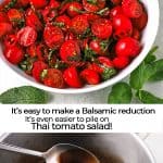 2 pictures of reduced balsamic vinegar with a spoon and sliced cherry tomatoes with sliced mint and basil in white bowl