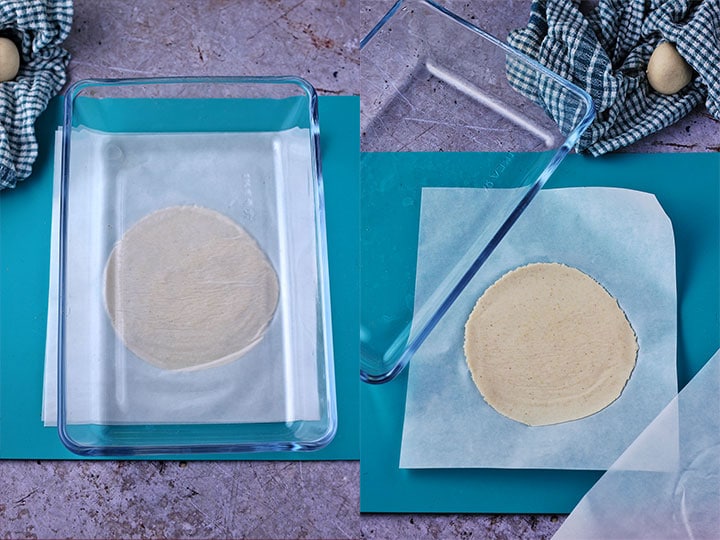 2 pictures pressing corn tortilla with glass baking dish and with finished, pressed tortilla.