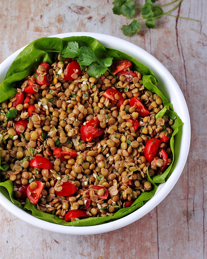 overhead shot of green lentil salad with tomatoes, cilantro and cranberry dressing