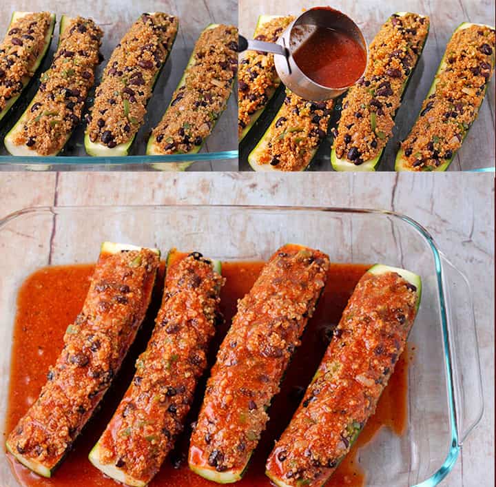 3 steps of preparation process for Mexican zucchini boats of filling zucchini, pouring sauce and 4 zucchini covered with sauce in baking dish