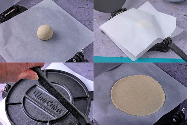 4 pictures demonstrate how to press corn tortillas using a tortilla press and parchment paper