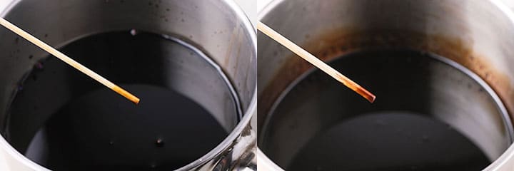 2 pictures of wooden stick placed into balsamic vinegar before and after reducing.