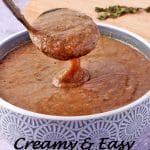 plant-based mushroom gravy in bowl lifted with gravy ladle with text overlay.