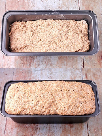 2 pictures of bread dough in baking pan and after dough rises in pan