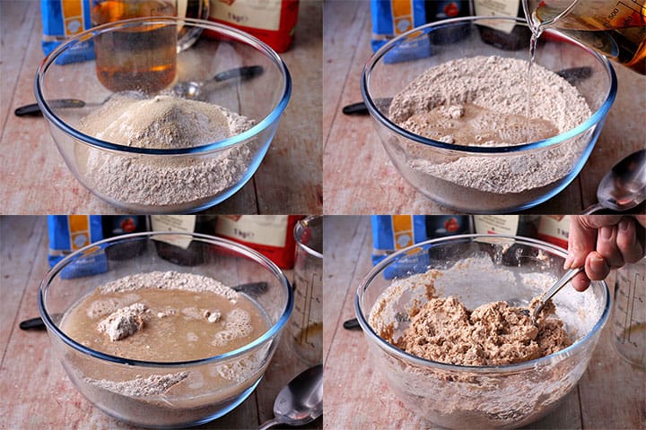 process of making plant-based bread adding flour, water and mixing.