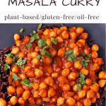 chickpea curry masala (Tikki Masala) on black plate with black rice and text overlay with recipe title