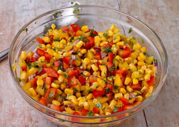 corn relish with sweet corn, diced red and yellow pepper, red onion and cilantro