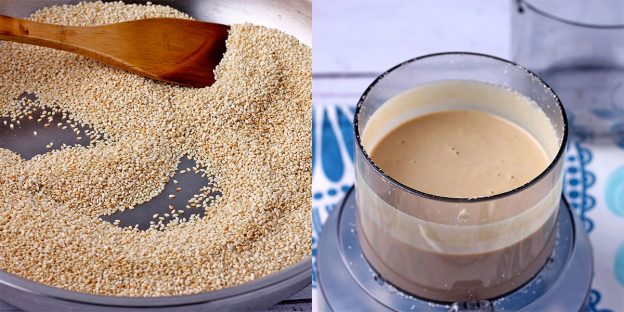 Sesame seeds are toasted in a pan and then processed and blended into tahini.