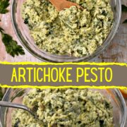 2 glass bowls of artichoke pesto with text overlay of recipe title.