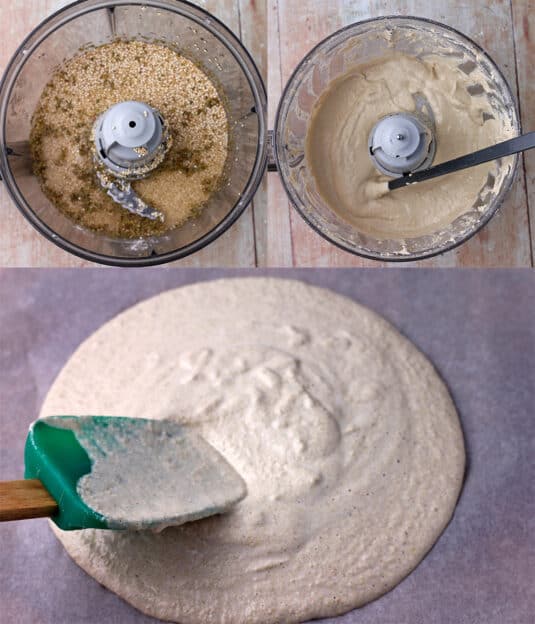 The process for making quinoa pizza crust in the food processor is demonstrated.