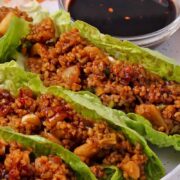 Healthy vegan lettuce wraps with bulgur, water chestnuts, and scallions.