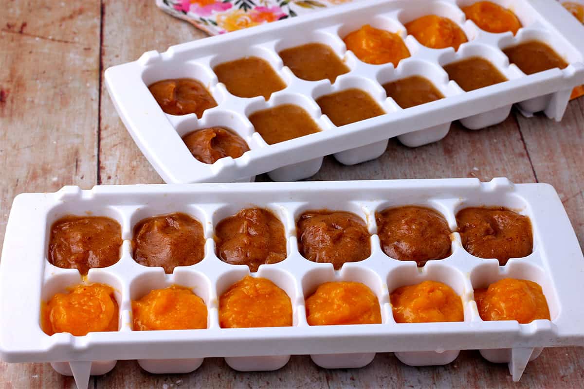 Mango, date, and fig paste is placed in ice cube trays.