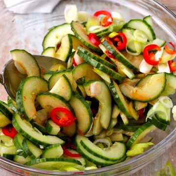 A bowl of sliced cucumbers, red chili, and sliced green onions with a chili paste dressing.