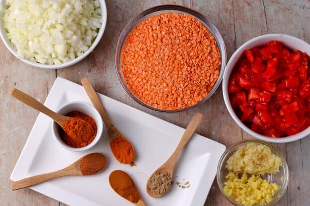 The ingredients for Misir Wot (Ethiopian lentil stew)
