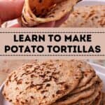 Whole wheat potato tortillas are stacked on a plate and held in a hand and folded.