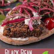 Vegan koftas on pita bread with pickled red onions and aioli.