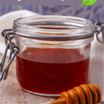 Vegan honey in a mason jar with a honey twist.