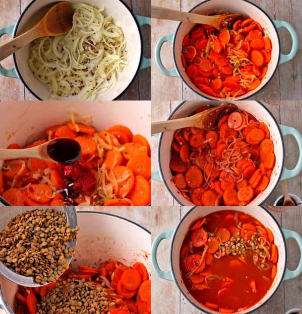 6 pictures demonstrate how to make carrot and lentil stew.
