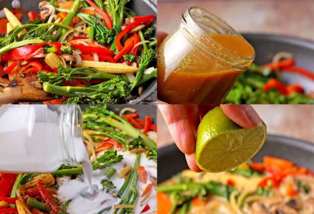 4 pictures show how to make vegan Thai red curry.