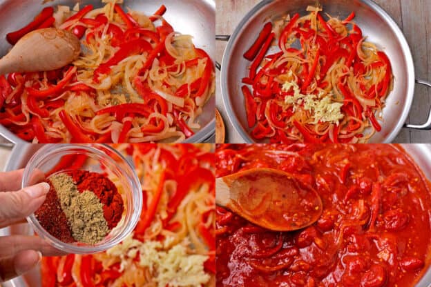 The process for making saucy tomatoes for shakshuka.