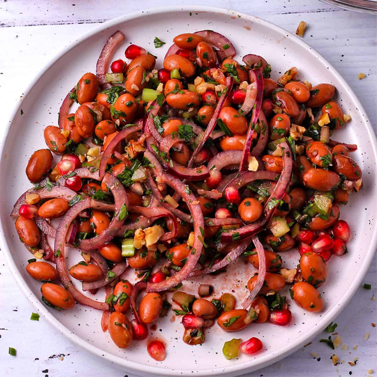 Borlotti bean salad with pomegranate arils and red onions on a white plate.