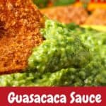 Guasacaca with chip dipped in it and text overlay with recipe title.