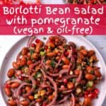 A plate of Borlotti bean salad with pomegranate and red onions.