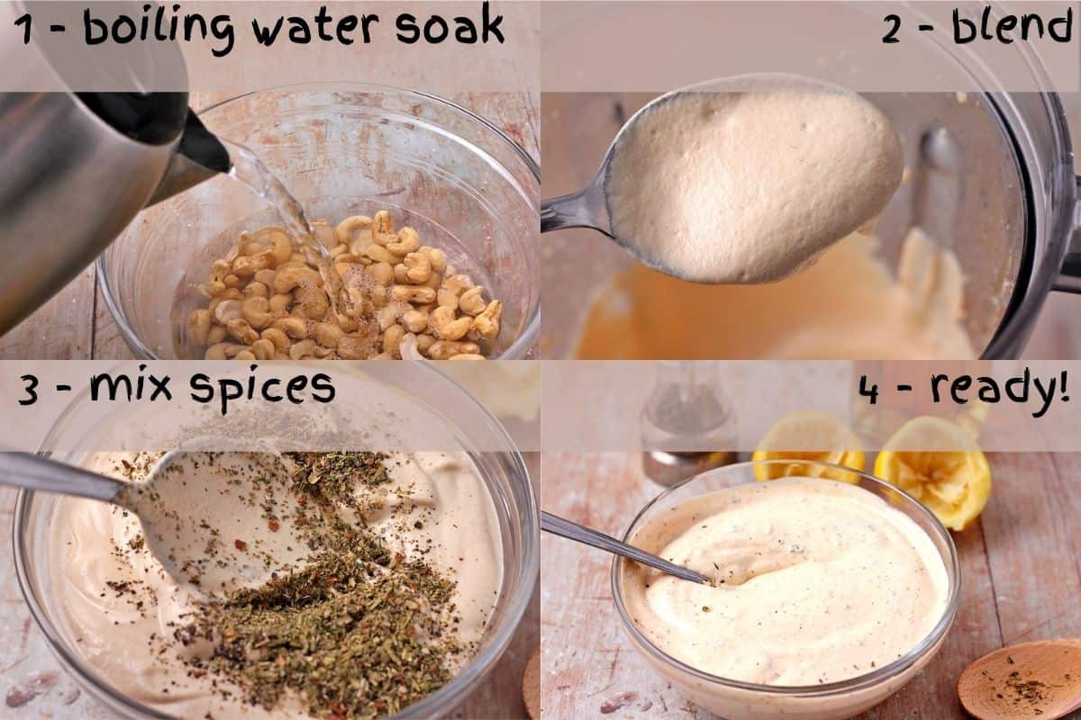 4 steps in pictures to make creamy vegan Italian dressing.